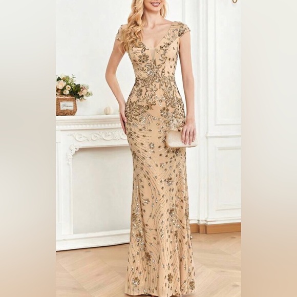 Luxe V neck sequin formal evening party dress - Picture 2 of 9